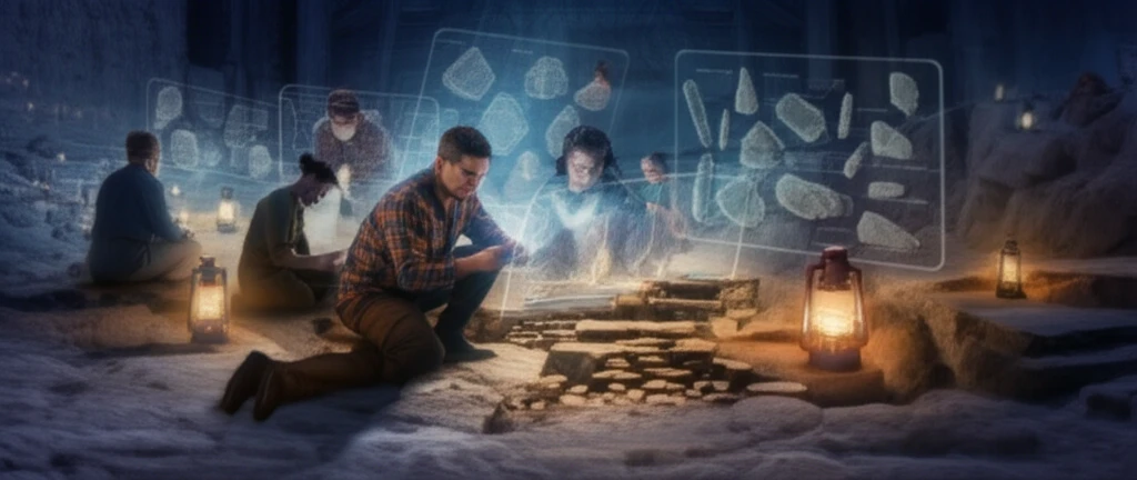 Archaeologists analyzing stone tools with 3D holographic projections.