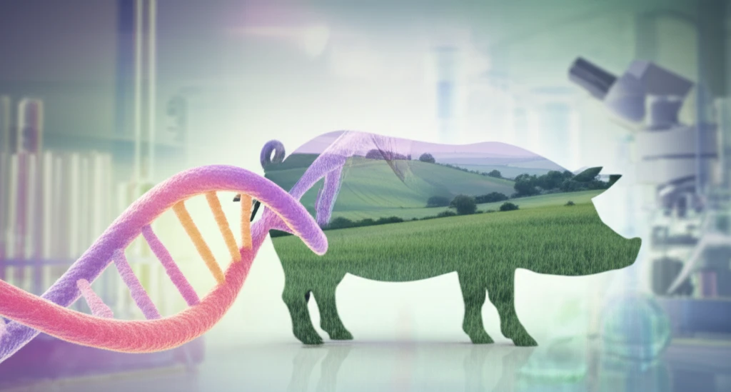DNA strand intertwining with pig silhouette.