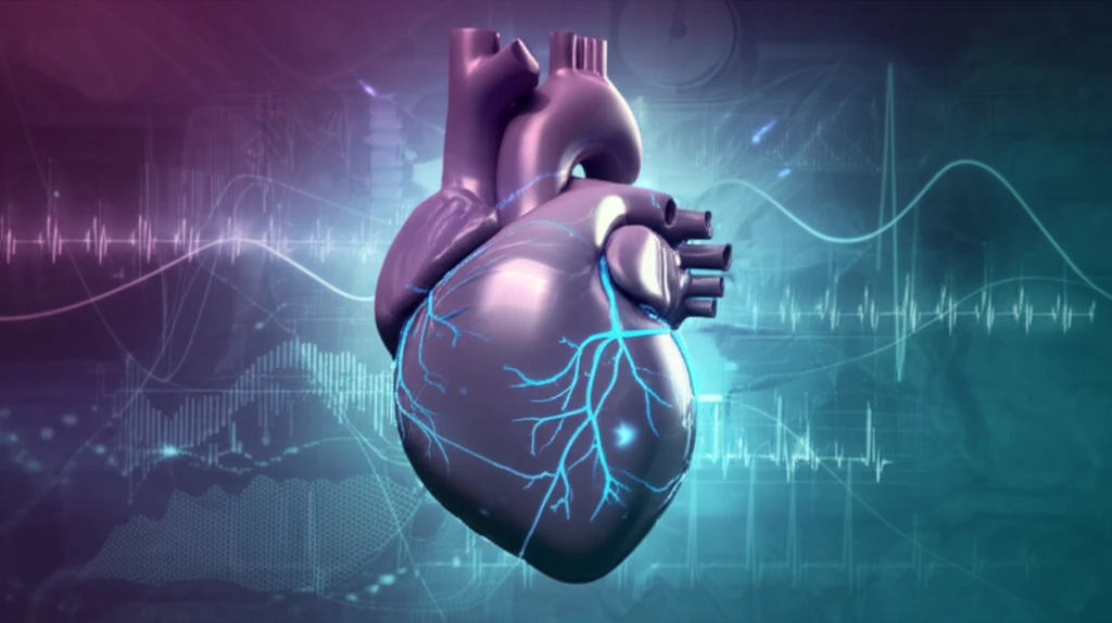 Stylized heart with glowing electrical pathways representing TAVR risk prediction.