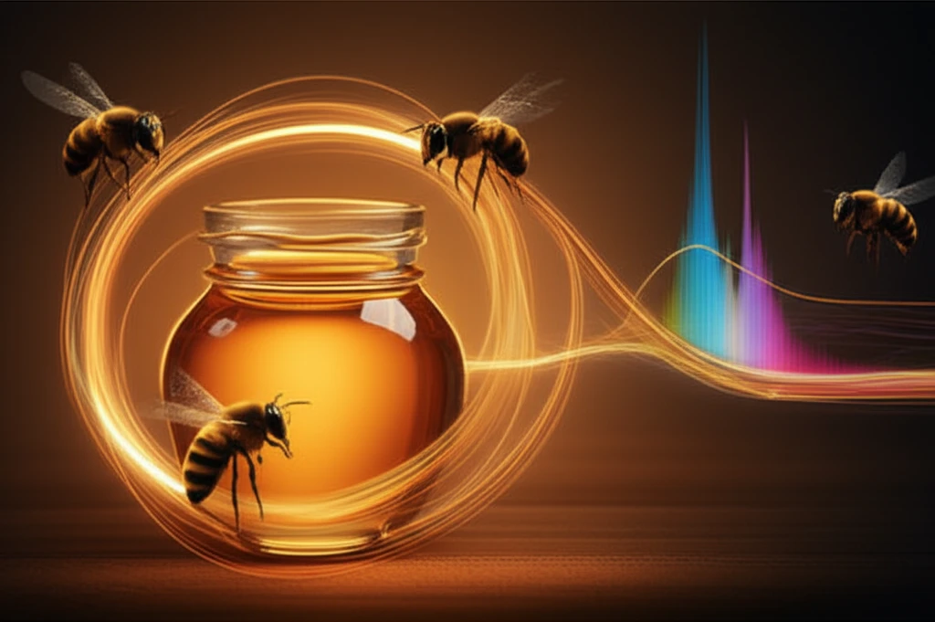 Honey jar with NMR spectrum lines swirling around, bees examining the spectrum.