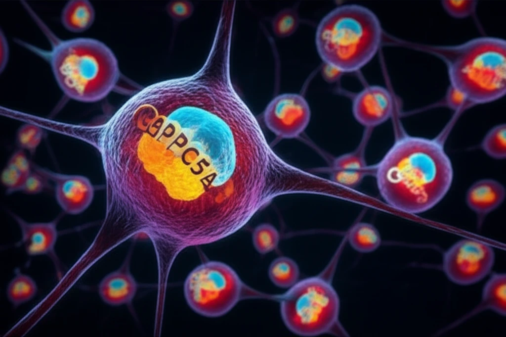 Microscopic view of cells with GPRC5A receptors, symbolizing cellular communication and cancer research.