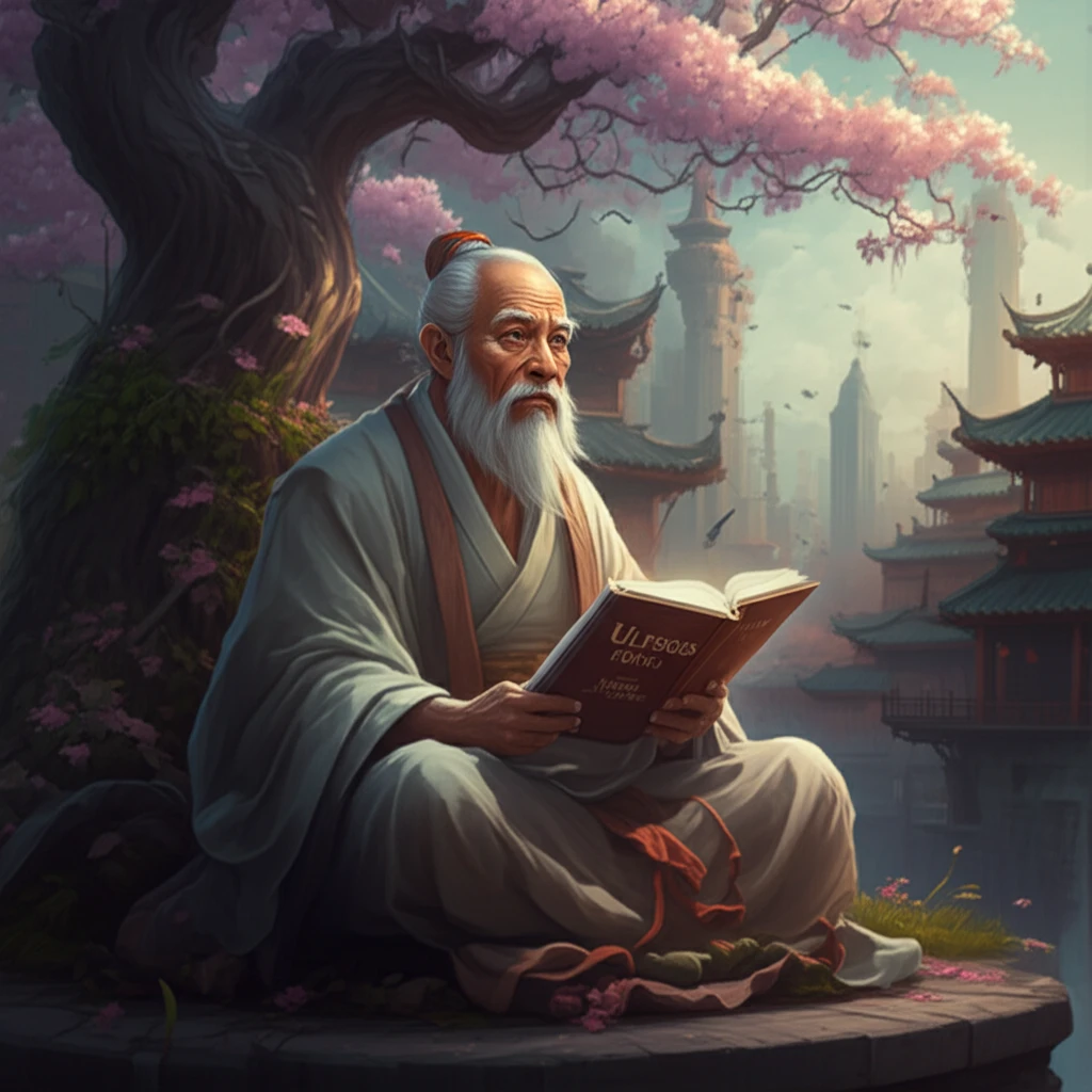 Confucian scholar reading Ulysses under a cherry blossom tree.