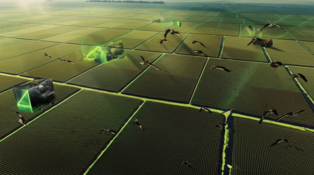 Lush agricultural fields with stylized uranium elements and native birds.