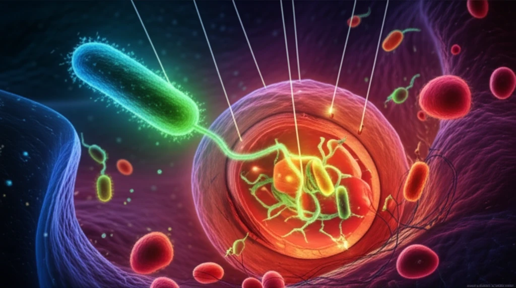 Surreal illustration of Legionella bacteria controlling a lung cell.