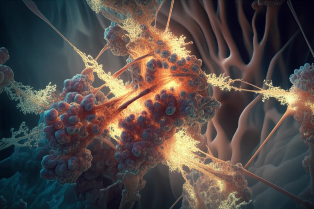 Microscopic calcium oxalate crystals intertwined with glowing, phosphorylated osteopontin peptides.