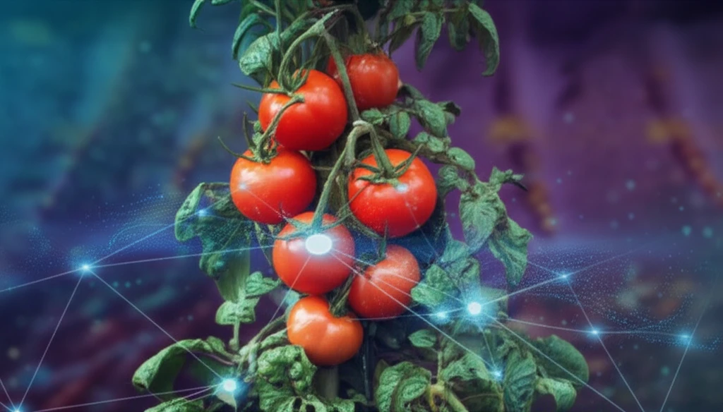A surreal illustration of a tomato plant intertwined with glowing data networks, representing the TomExpress platform.