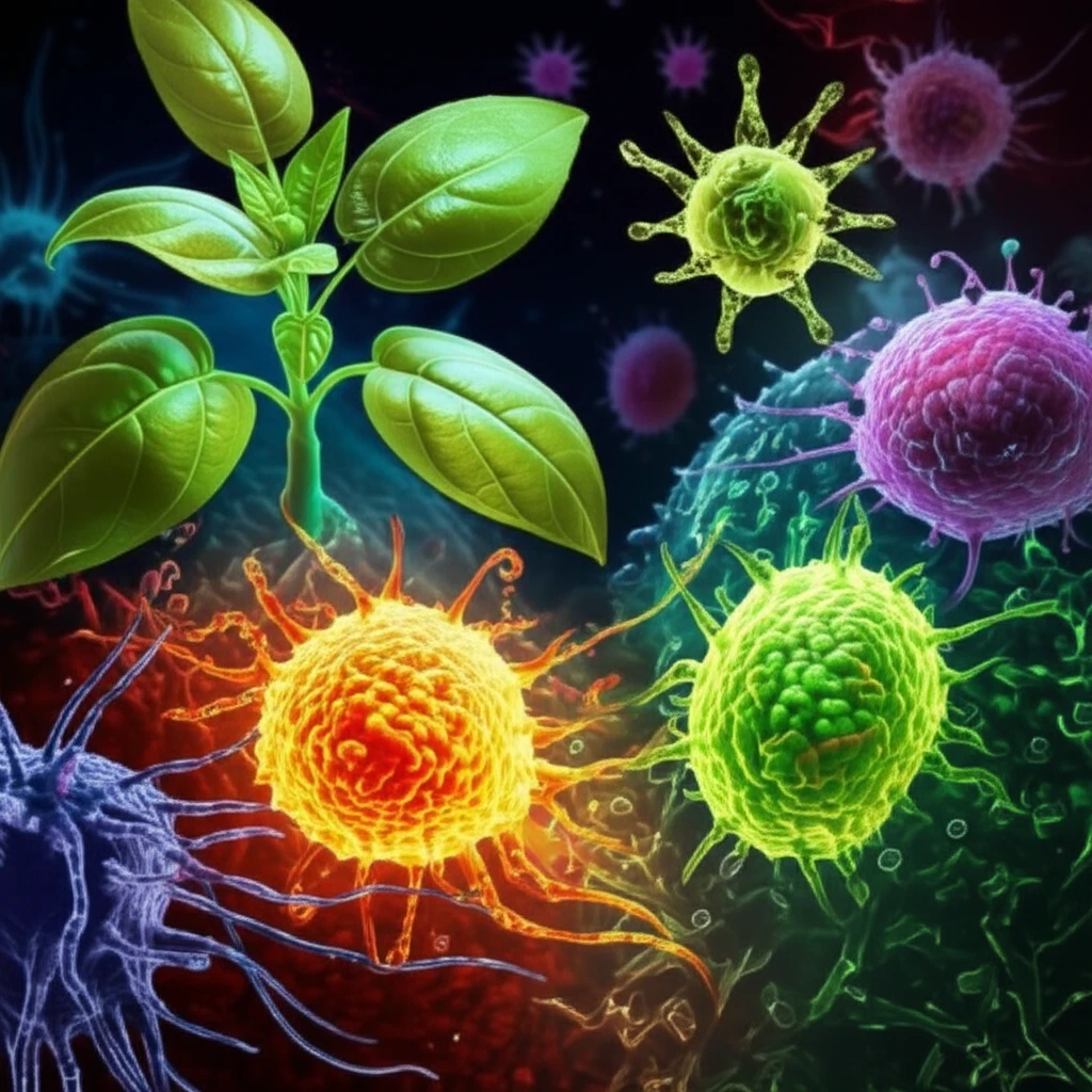 Microscopic view of cancer cells neutralized by plant compounds.