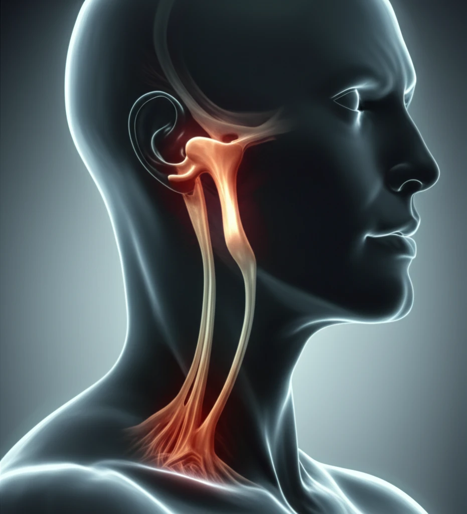 Surreal illustration of an elongated styloid process in a human neck, symbolizing Eagle's Syndrome.