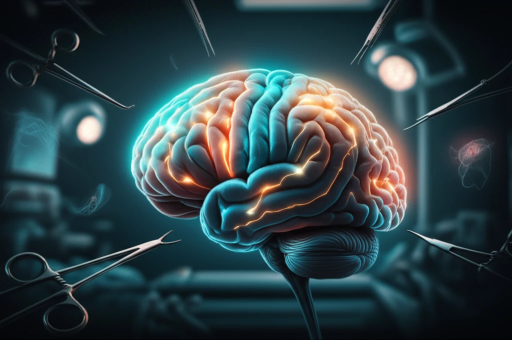 Brain surgery illustration with glowing pathways.