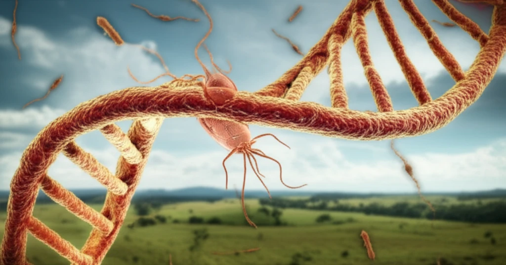 Microscopic view of schistosomiasis parasites with DNA strands in a Brazilian rural setting.
