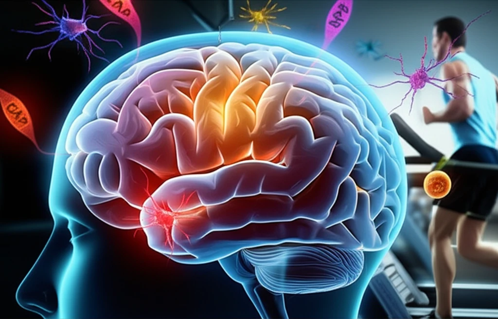 Brain with astrocytes activated due to proteins like GFAP and HSP27 floating around, person running.