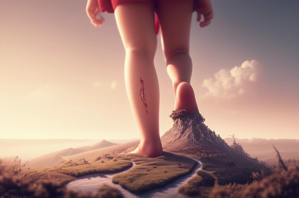 Illustration of a child's leg scar blending into a serene landscape, symbolizing healing after fasciotomy.