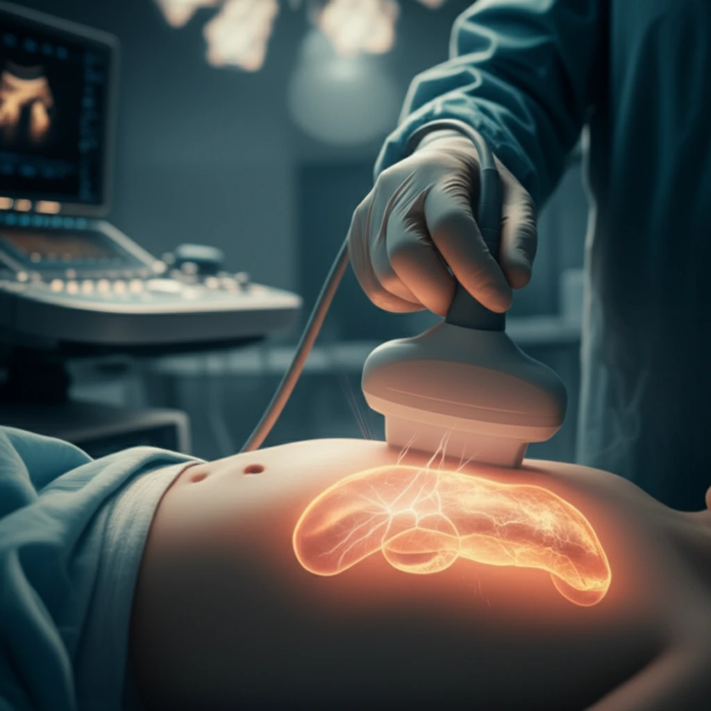 Intraoperative ultrasound revealing a focal lesion on a child's pancreas during surgery.