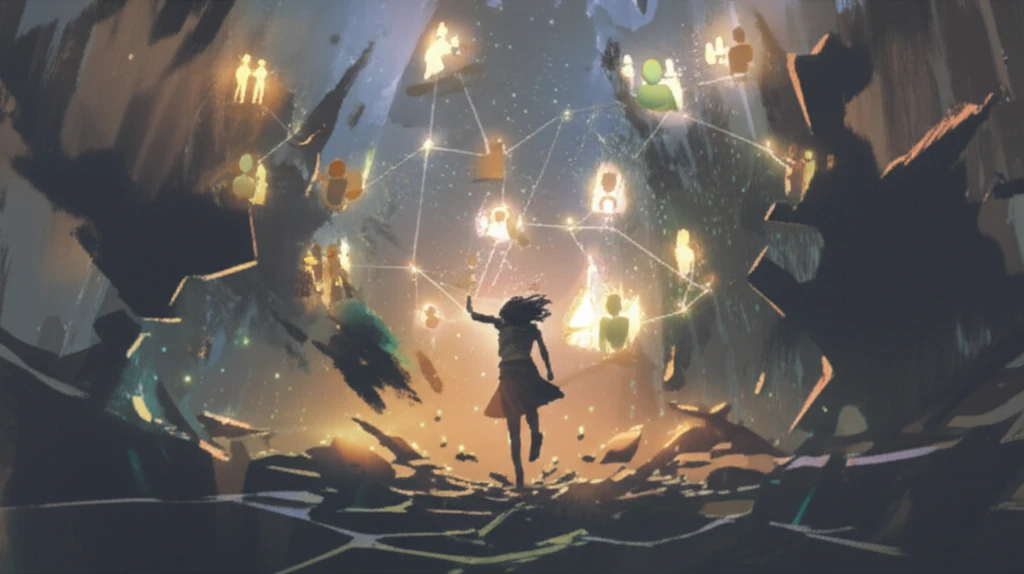 Woman emerging from isolation into a supportive network of luminous figures.