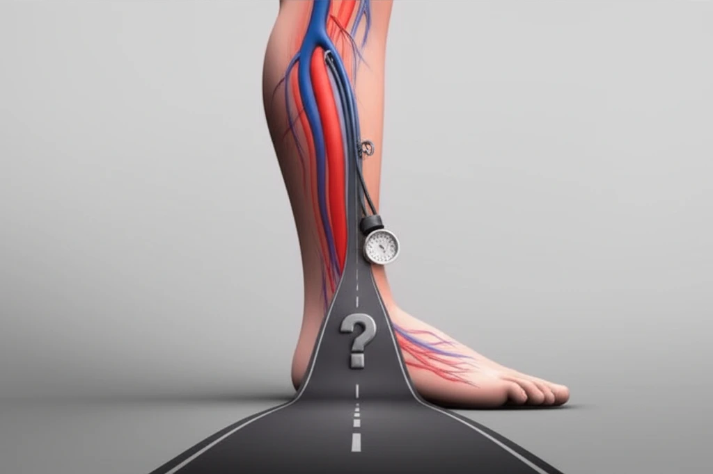 Surreal image of a leg with artery-roads and a question mark-shaped blood pressure cuff, symbolizing ABI test accuracy concerns.