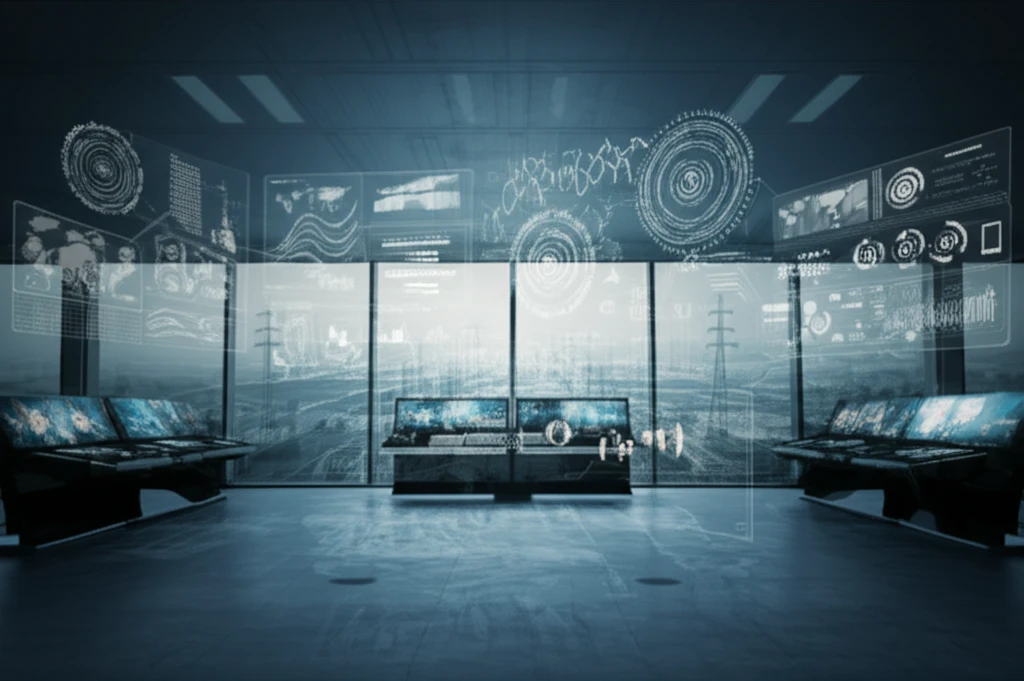 Futuristic power grid control room with GIS displays and mobile devices.