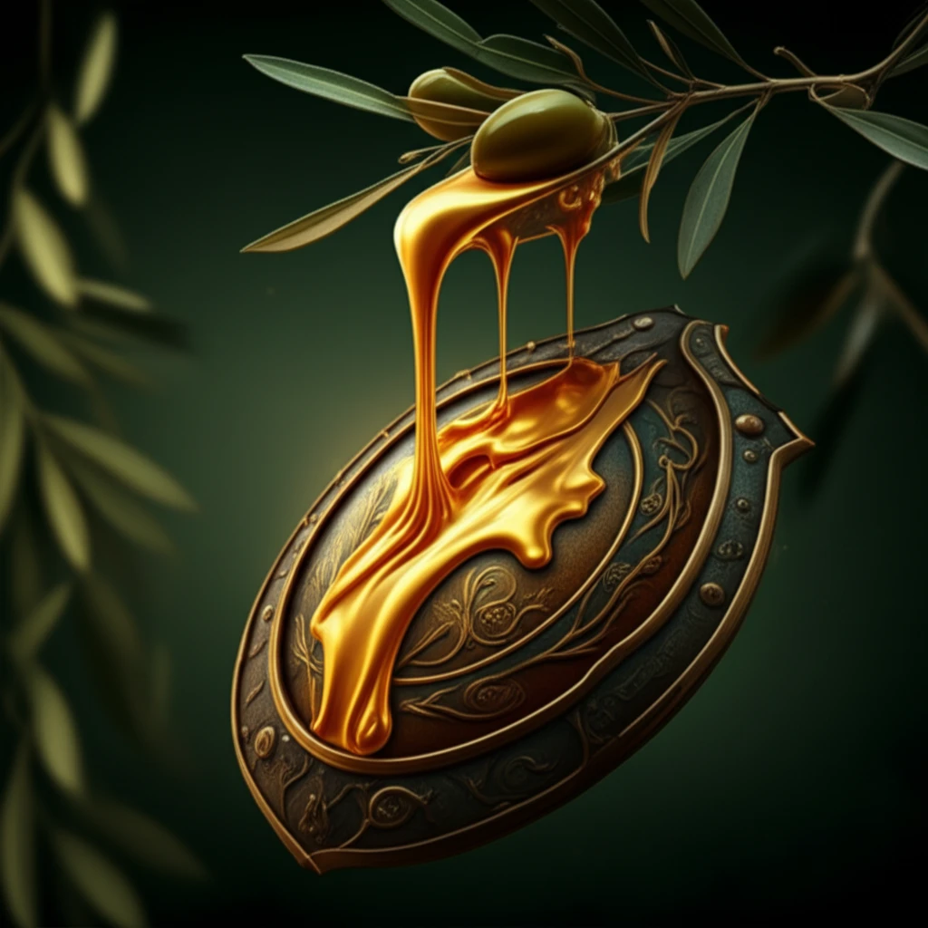 Liquid gold extra virgin olive oil flowing into a shield representing immune protection.