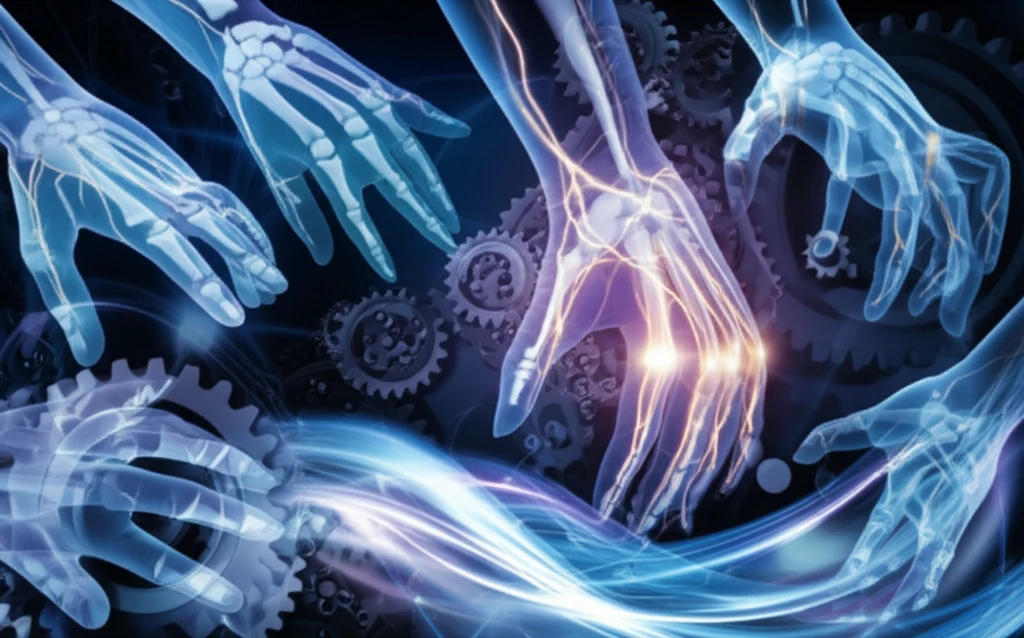 Hands performing tasks, interconnected gears, flowing streams
