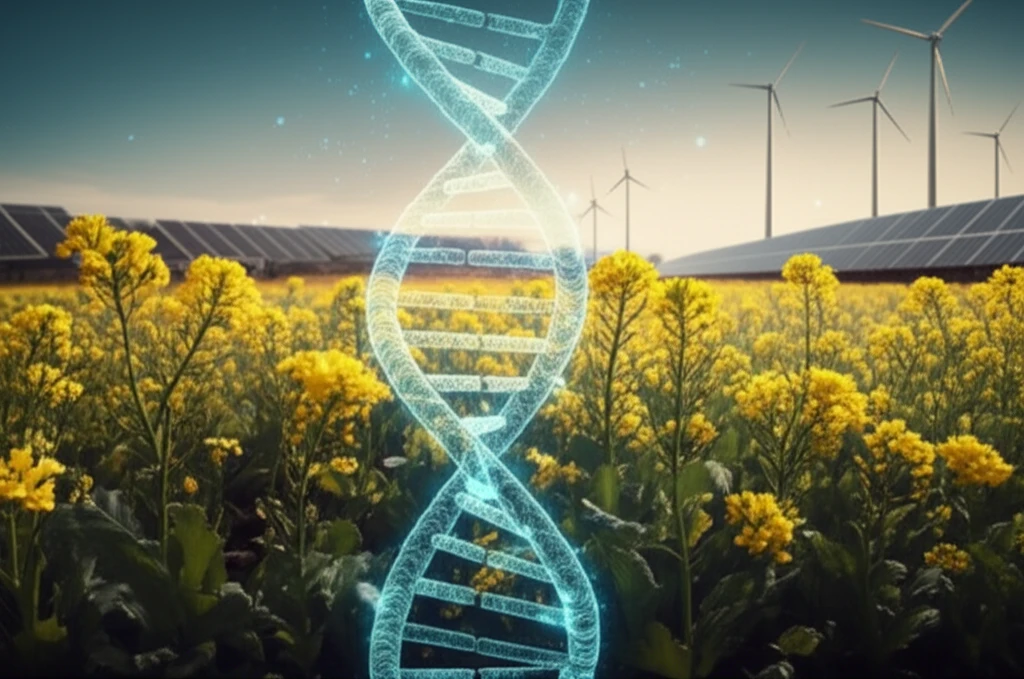 Pennycress field with DNA helix, symbolizing sustainable agriculture and genomics.