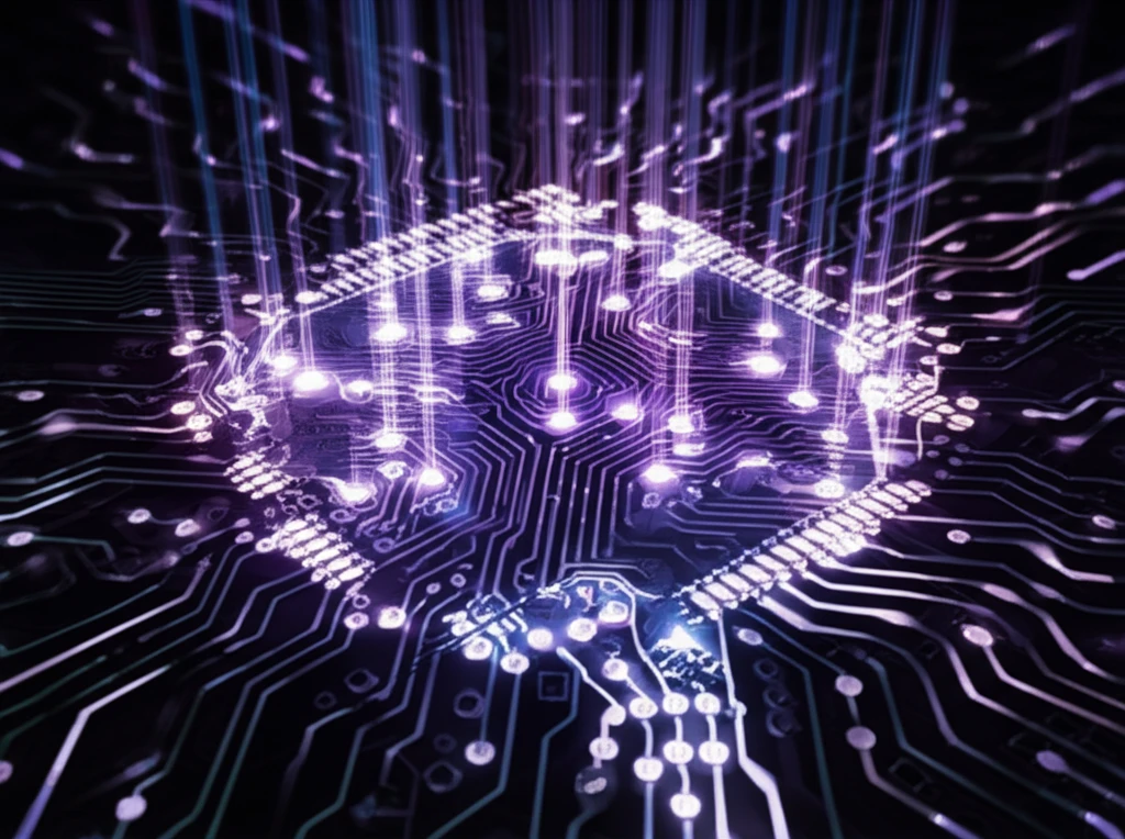 Brain-inspired circuit board with glowing synapses and UV light.