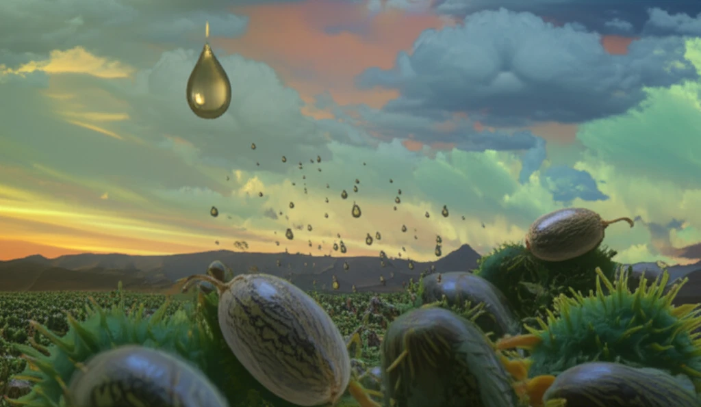 Surreal illustration of Mexican landscape with giant castor seeds.