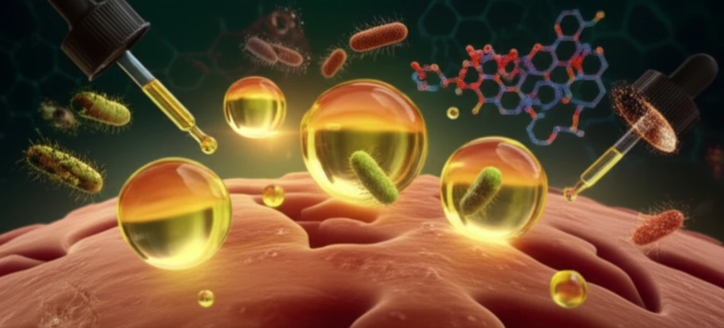 Microscopic view of food being protected by essential oils and nisin.