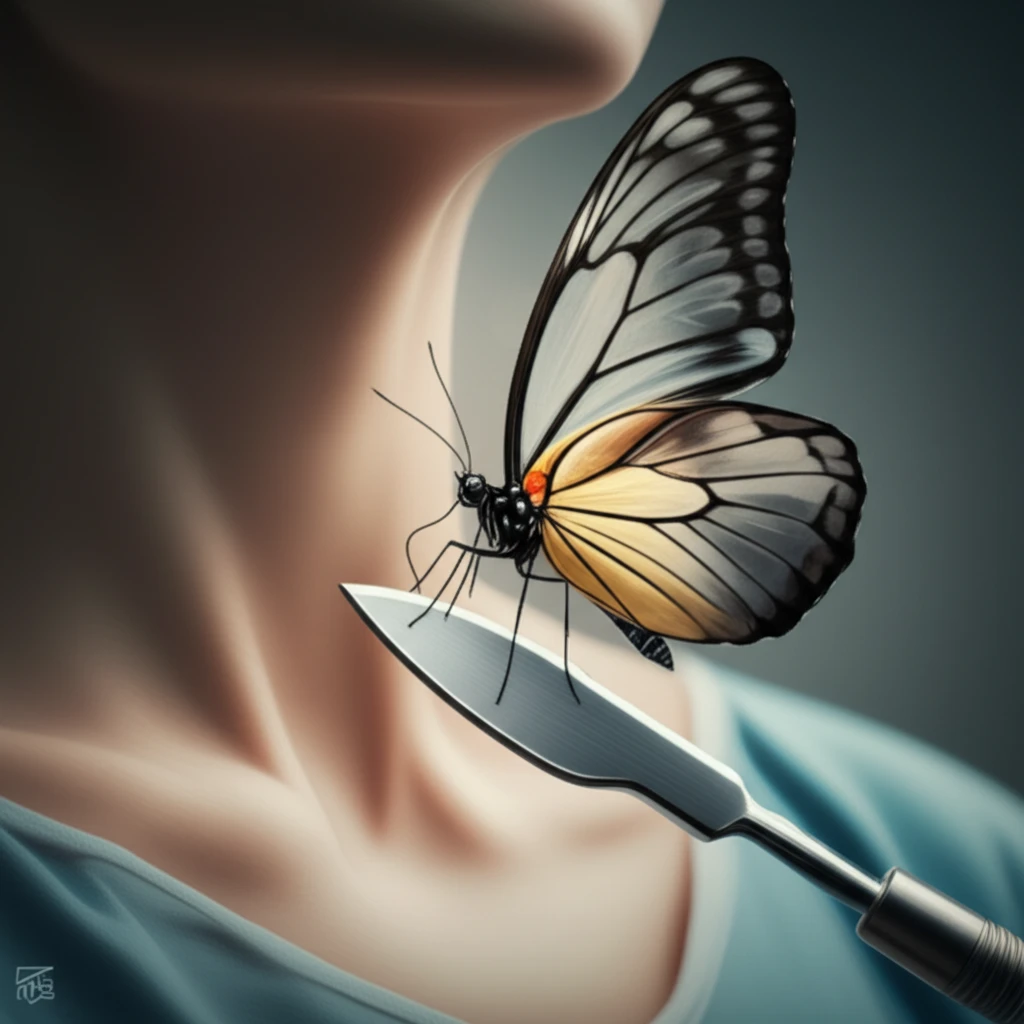 Butterfly on a scalpel, representing parathyroid risk during surgery.