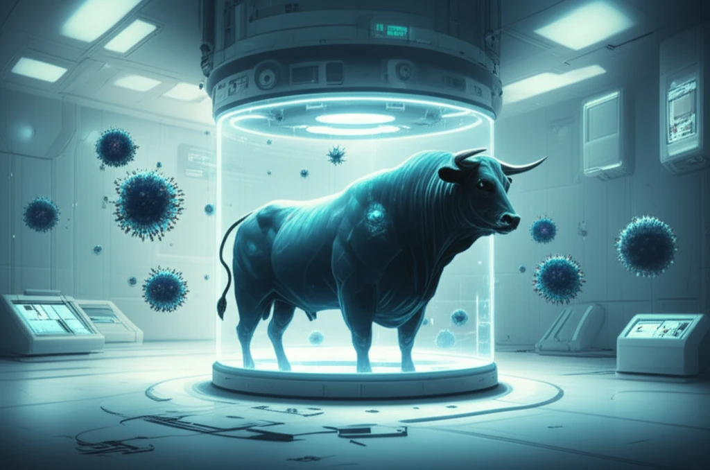 Microscopic view of virus particles around a bull in a laboratory.