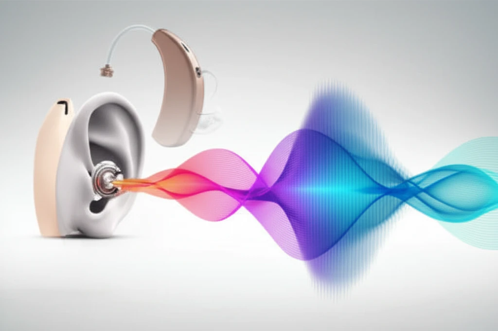 Active middle ear implant delivering clear sound, contrasting with traditional hearing aid.