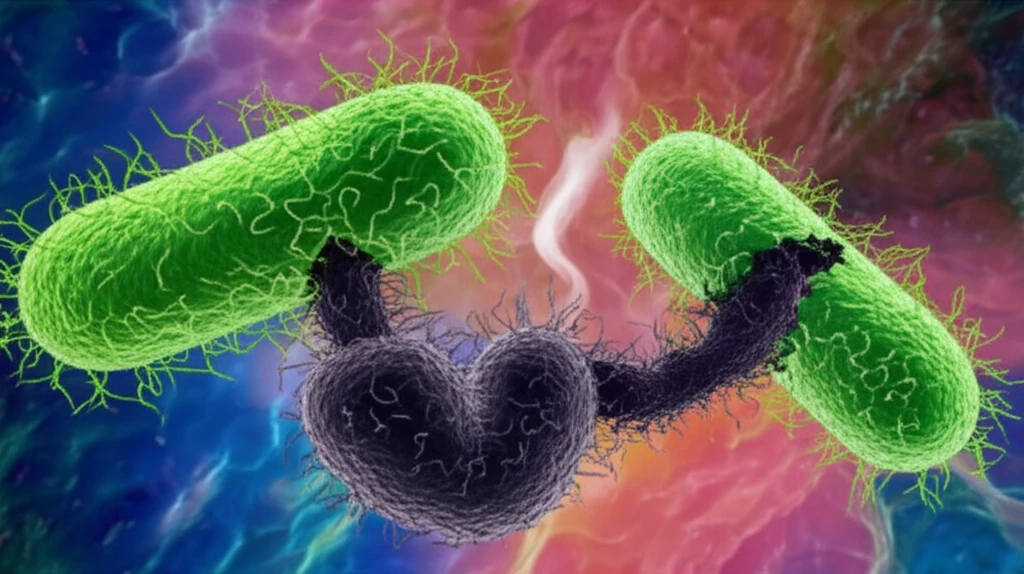 Microscopic view of bacterial collaboration in the gut, with sulfur gas release.