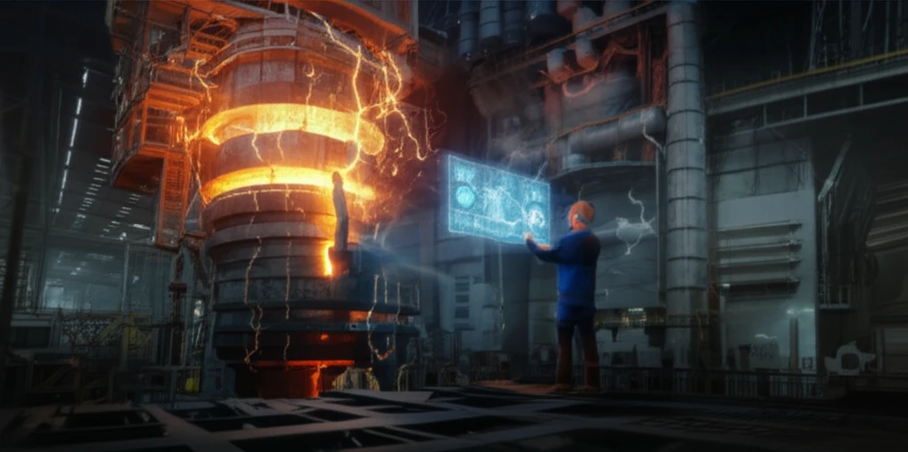 Optimized Electric Arc Furnace with glowing energy streams and technician using holographic interface.