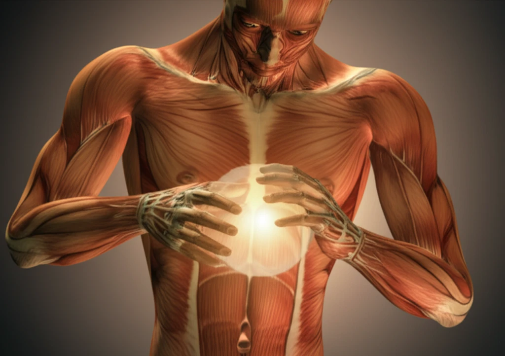 Interwoven muscles and bones, bathed in ethereal light. Hands gently holding a glowing sphere symbolizing pain relief and well-being.