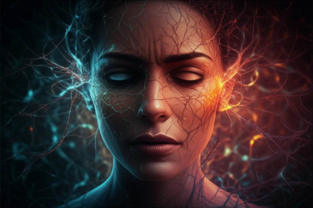 Surreal illustration of a face subtly expressing fear, overlaid with neural network patterns, symbolizing heightened sensitivity to emotions in autism.