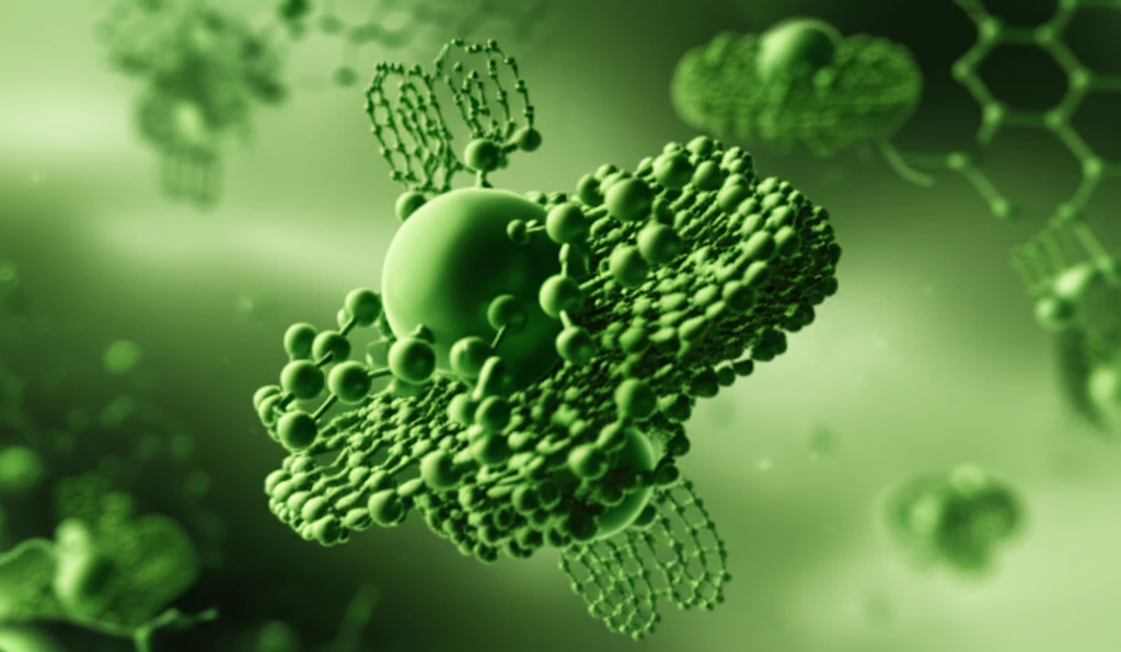 Microscopic view of nanoparticles forming a catalyst structure with graphene oxide sheets, symbolizing sustainable chemistry.