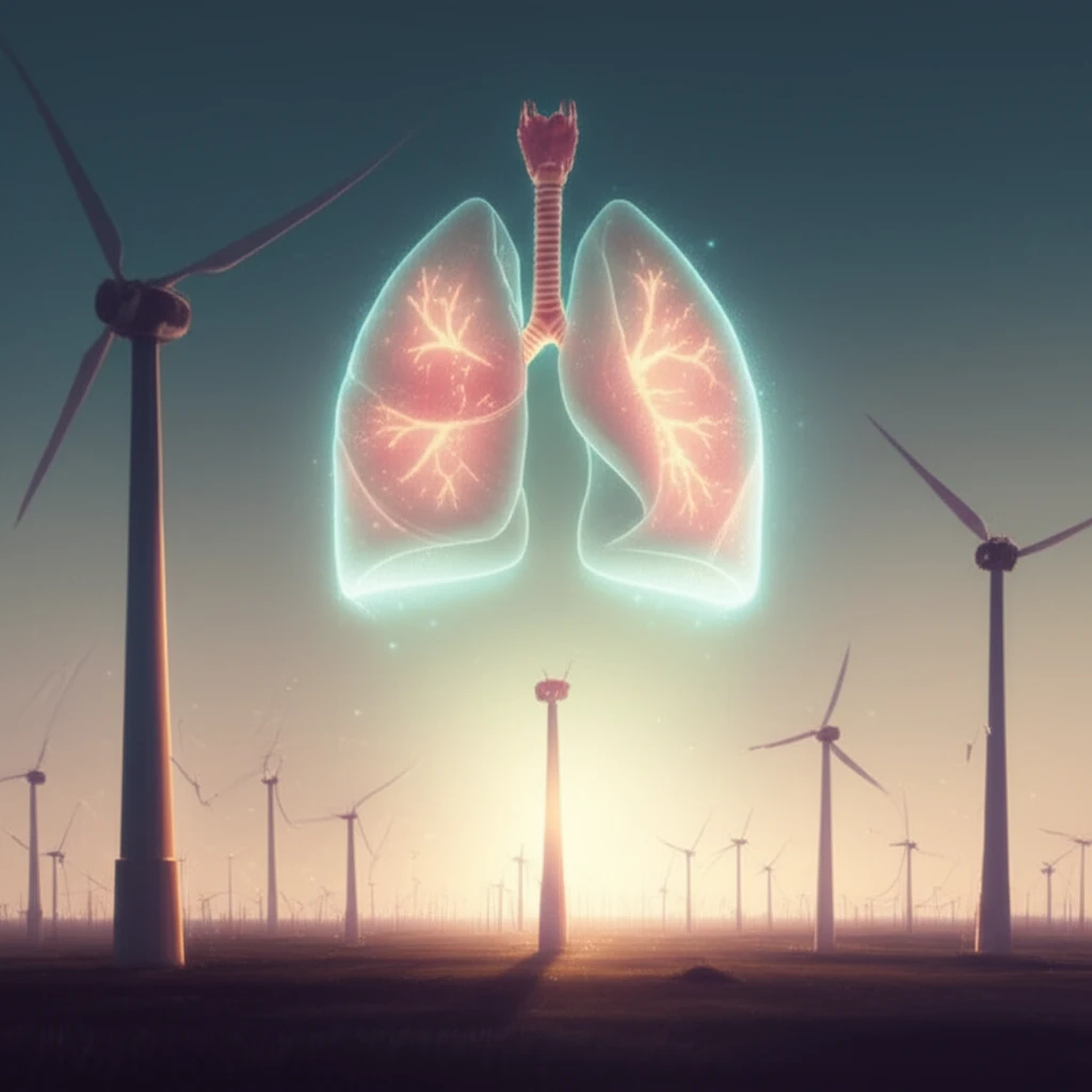 Lungs emerging from a field of wind turbines, symbolizing breath and energy transition.