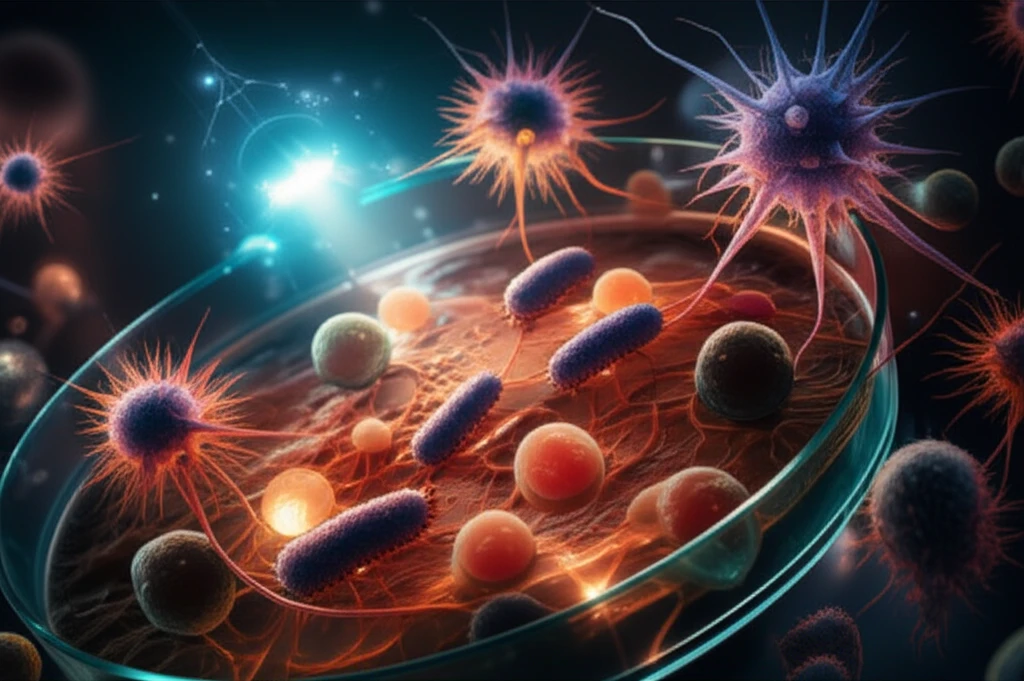 Microscopic battle between immune cells and drug-resistant bacteria, symbolizing the fight against antibiotic resistance.