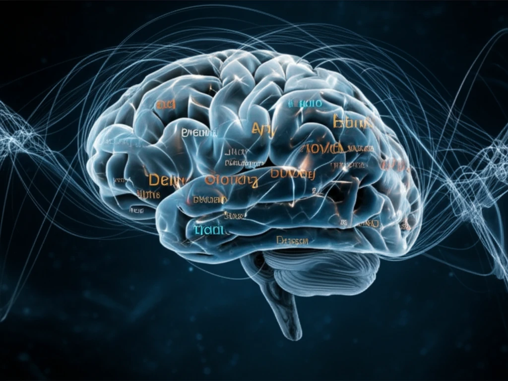 Brain with glowing word connections, representing semantic priming after stroke.