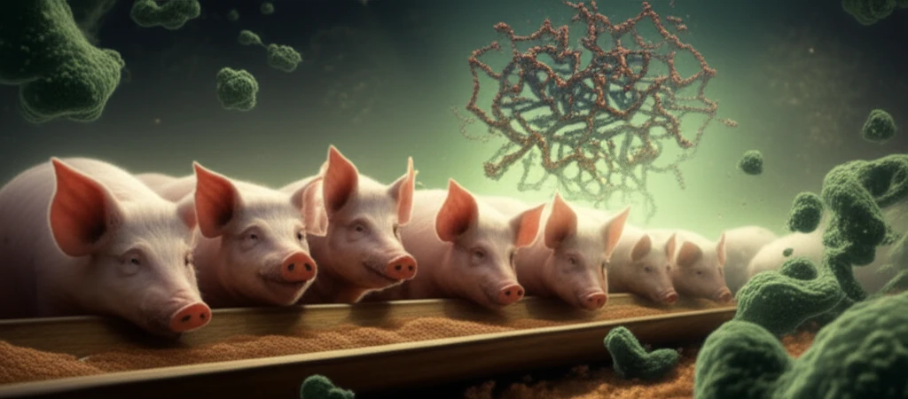 Pigs happily eating safe feed protected by fumonisin esterase.