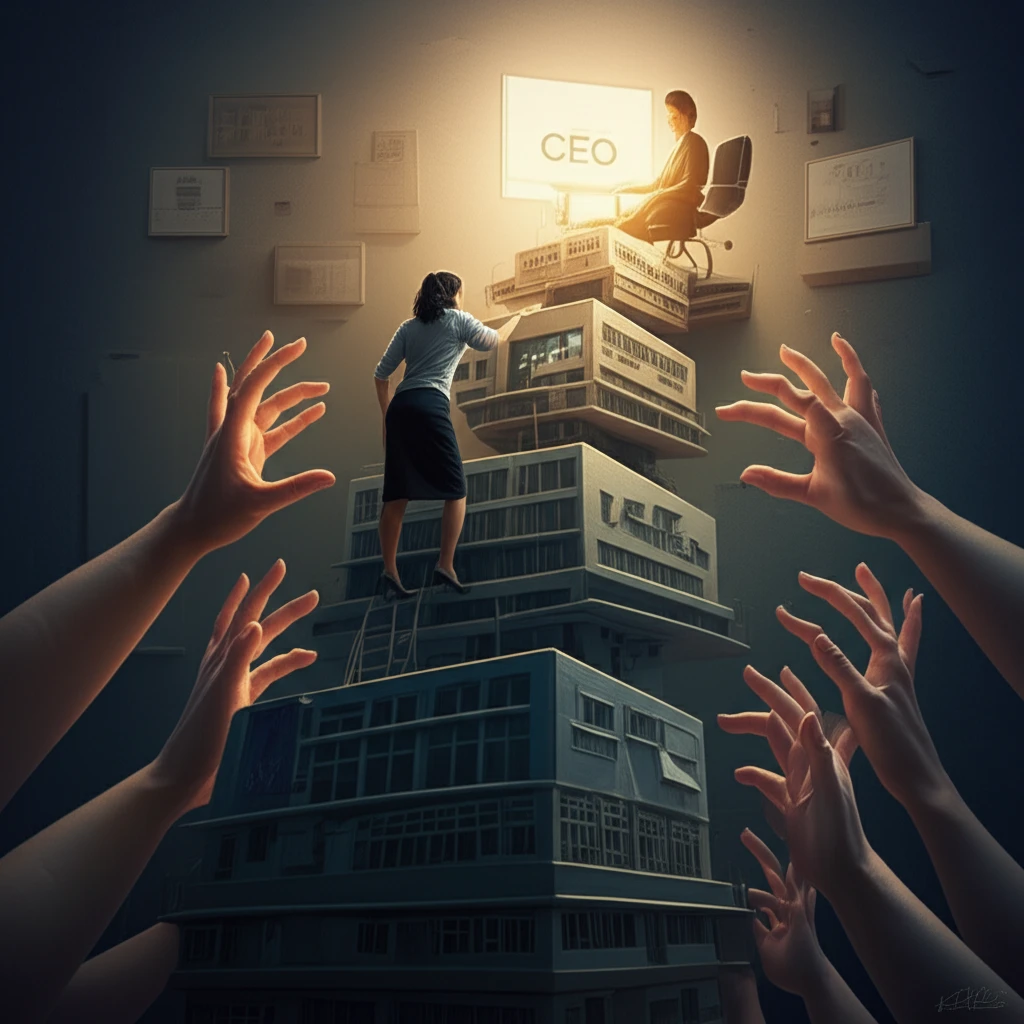 A woman climbs a staircase of hospital buildings, supported by helping hands, towards a CEO office.