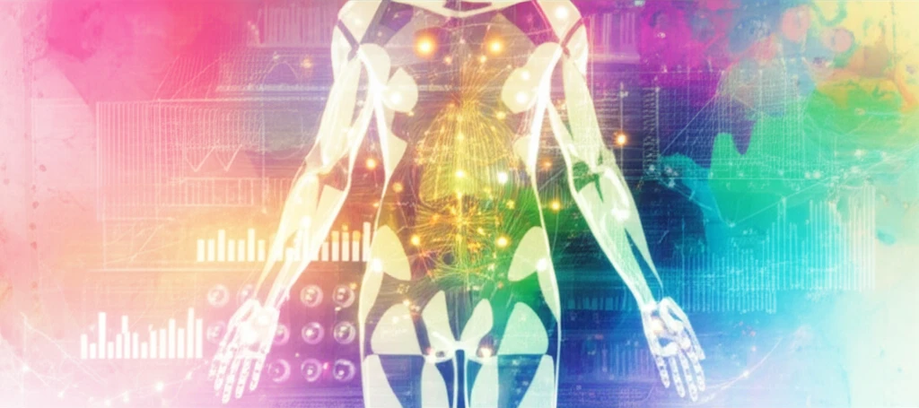 Abstract illustration of a body composition scan with overlaying data points, highlighting the complexity and potential inconsistencies in the data.