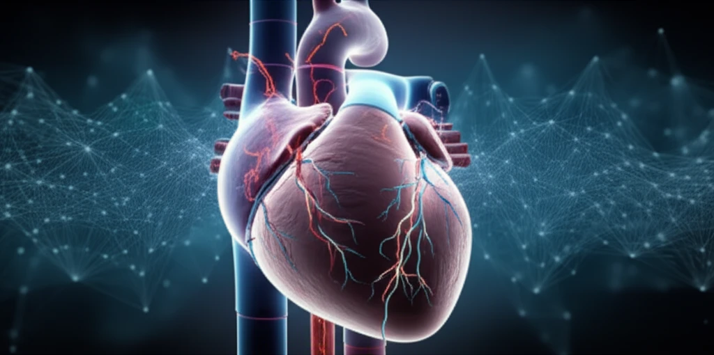 Stylized heart with interconnected pathways and clinical trial network map.
