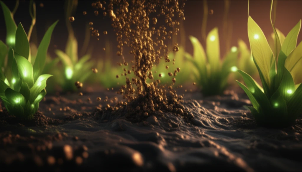 Gold particles emerging from sludge, surrounded by plants.