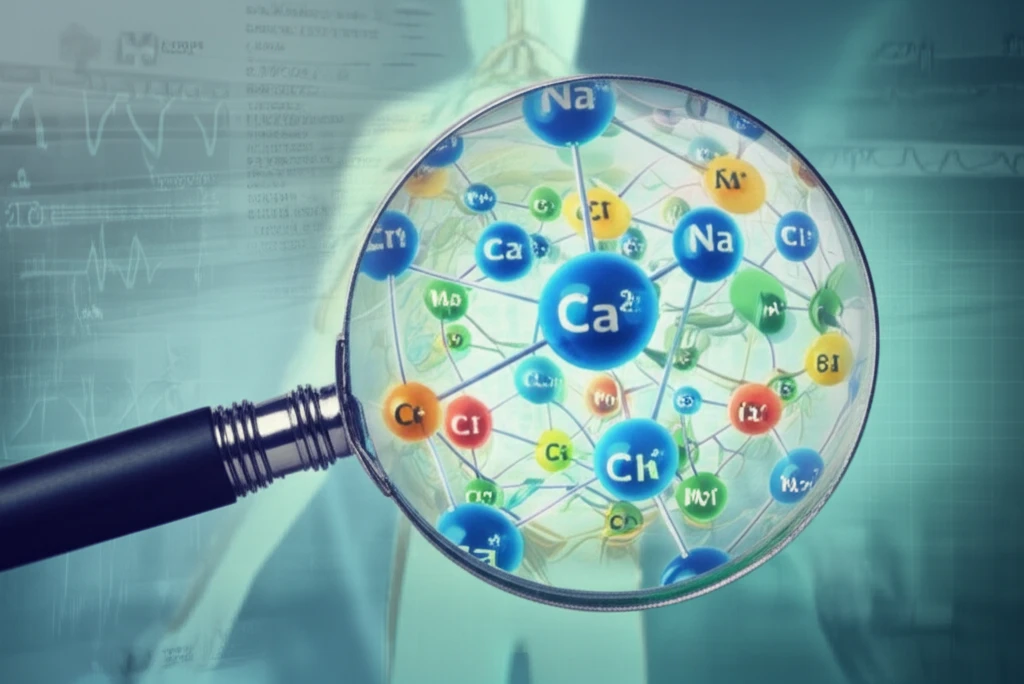 Detective's magnifying glass examining electrolyte ions within the human body