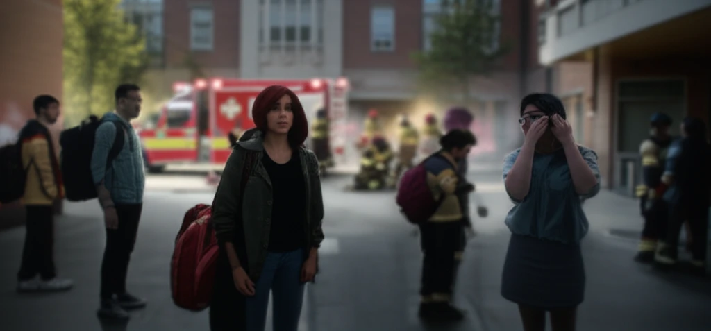 A disoriented student body amidst an emergency response on a university campus.