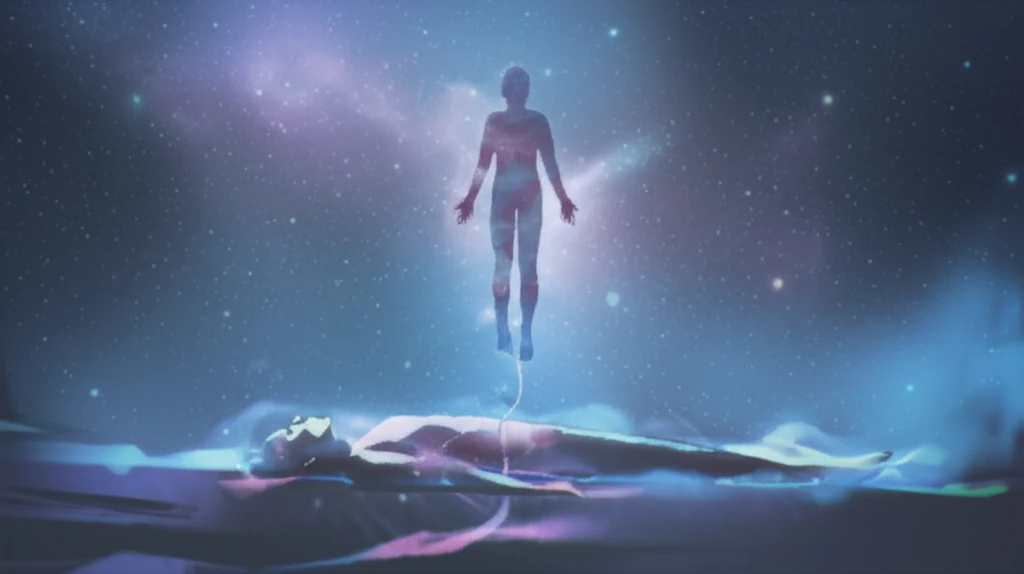 Surreal illustration of a person experiencing an out-of-body experience.