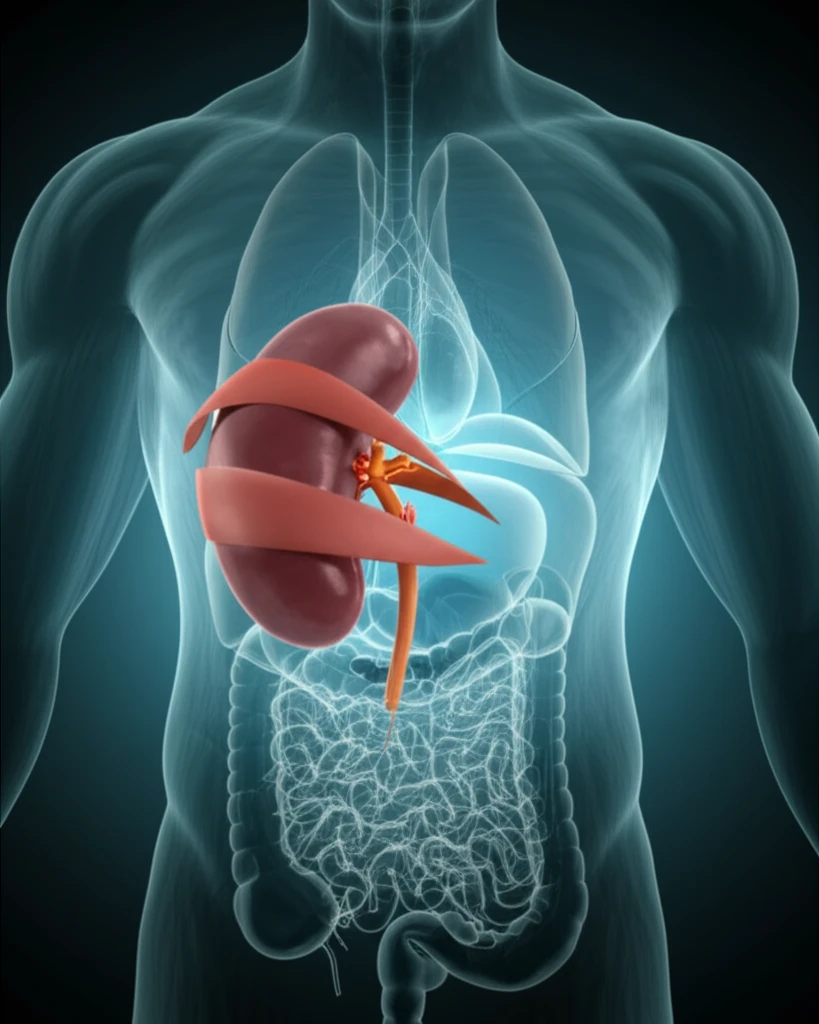 Surreal illustration of a wandering spleen, twisting away from its normal position.