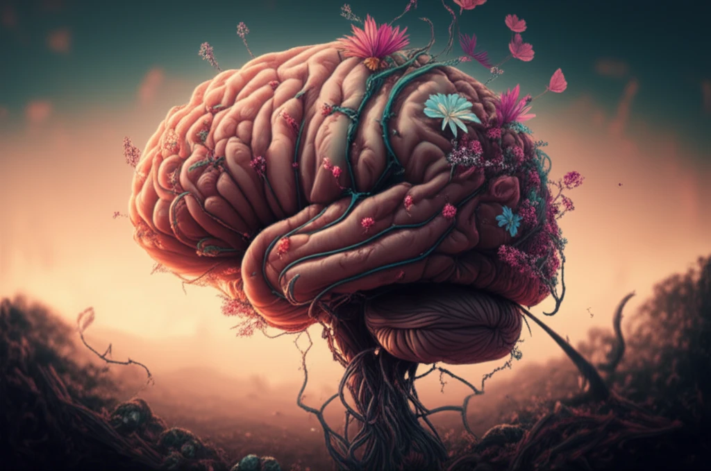 Brain with flowers and thorns, symbolizing epilepsy and mood disorders