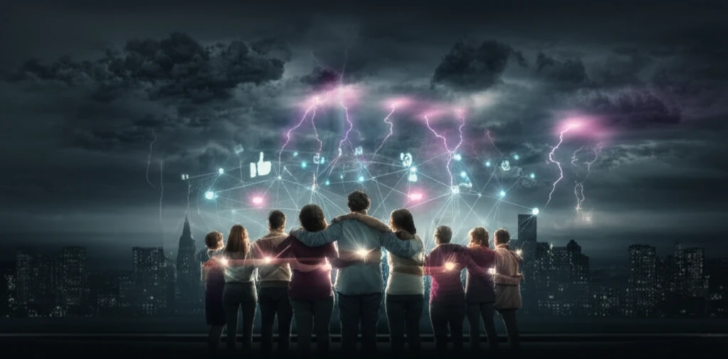 A digital illustration symbolizing community resilience through social media during a disaster.