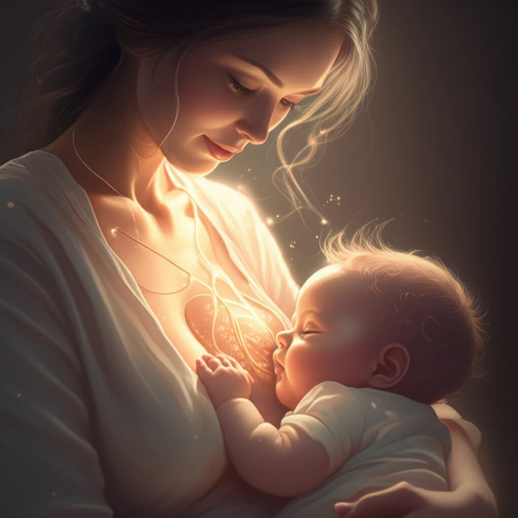 A mother breastfeeding her baby, with glowing strands of light representing communication between them.