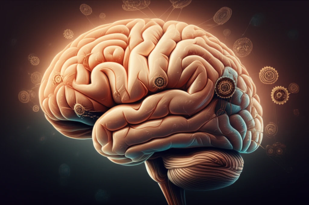 Brain with dopamine pathways stabilized by tiny gears, symbolizing Parkinson's treatment.